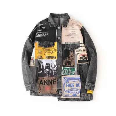 Women Fashion Newspaper Print Denim Jacket