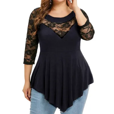 S-5XL Women Plus Size Casual Long Sleeve Lace Patchwork Irregular Hem Color Block Spring Top