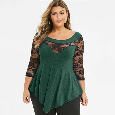 S-5XL Women Plus Size Casual Long Sleeve Lace Patchwork Irregular Hem Color Block Spring Top