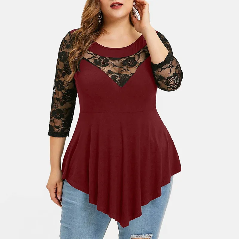 S-5XL Women Plus Size Casual Long Sleeve Lace Patchwork Irregular Hem Color Block Spring Top