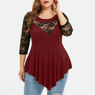 S-5XL Women Plus Size Casual Long Sleeve Lace Patchwork Irregular Hem Color Block Spring Top