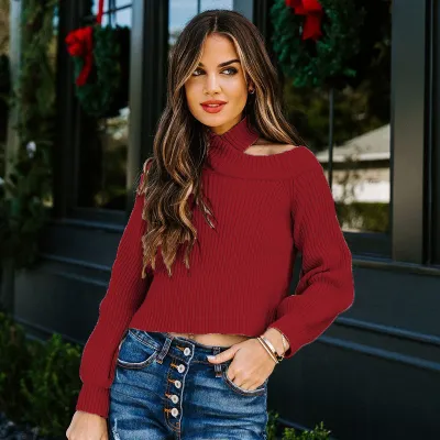 S-3XL Women Elegant Solid Color Cool-Shoulder Pullover Knitwear