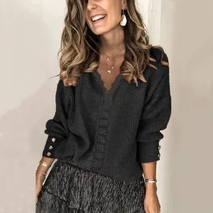 S-3XL Women V Neck Lace Patchwork Knitted Cardigan