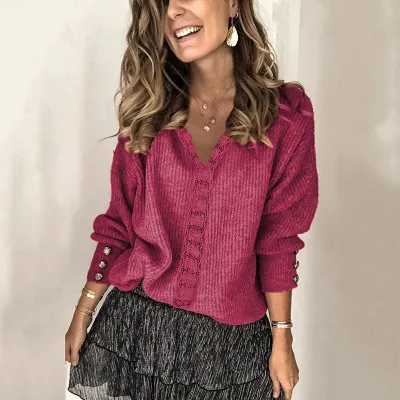 S-3XL Women V Neck Lace Patchwork Knitted Cardigan