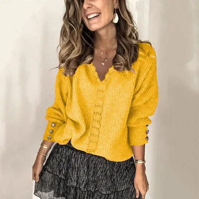 S-3XL Women V Neck Lace Patchwork Knitted Cardigan