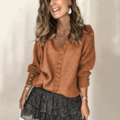 S-3XL Women V Neck Lace Patchwork Knitted Cardigan
