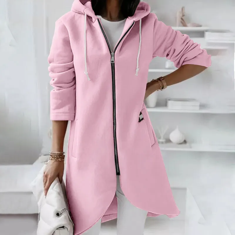 S-5XL Women Plus Size Casual Zipper Hooded Fleece-lined Solid Color Long Sleeve Winter Coat