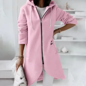 S-5XL Women Plus Size Casual Zipper Hooded Fleece-lined Solid Color Long Sleeve Winter Coat