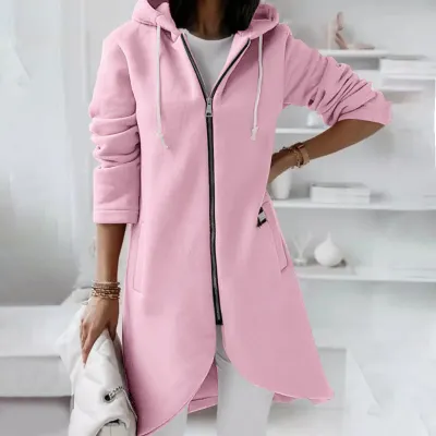 S-5XL Women Plus Size Casual Zipper Hooded Fleece-lined Solid Color Long Sleeve Winter Coat