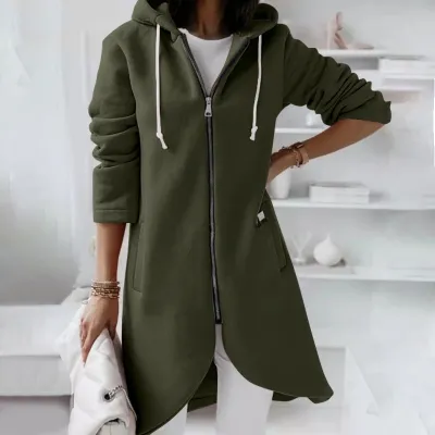 S-5XL Women Plus Size Casual Zipper Hooded Fleece-lined Solid Color Long Sleeve Winter Coat