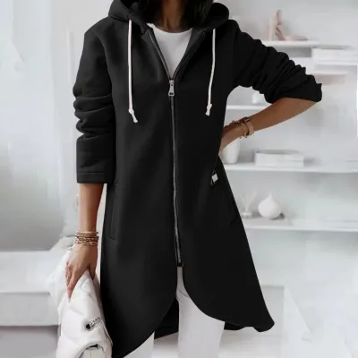 S-5XL Women Plus Size Casual Zipper Hooded Fleece-lined Solid Color Long Sleeve Winter Coat