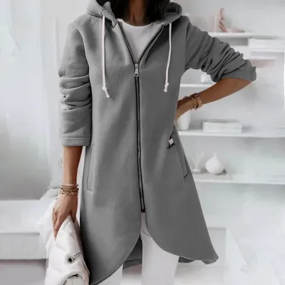 S-5XL Women Plus Size Casual Zipper Hooded Fleece-lined Solid Color Long Sleeve Winter Coat