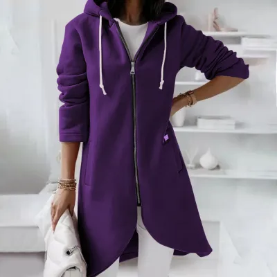 S-5XL Women Plus Size Casual Zipper Hooded Fleece-lined Solid Color Long Sleeve Winter Coat