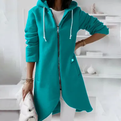 S-5XL Women Plus Size Casual Zipper Hooded Fleece-lined Solid Color Long Sleeve Winter Coat