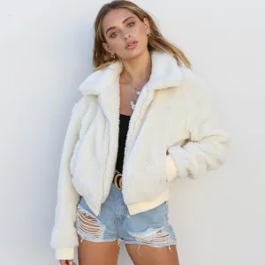 S-3XL Women Lapel Zipper Teddy Plush Winter Coat Street Style