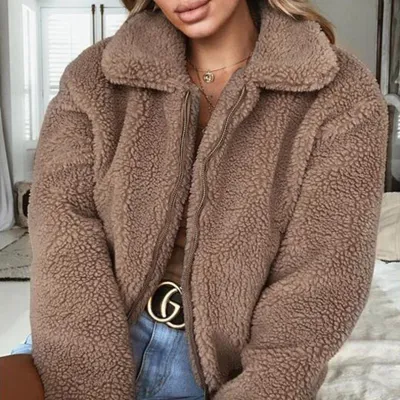 S-3XL Women Lapel Zipper Teddy Plush Winter Coat Street Style