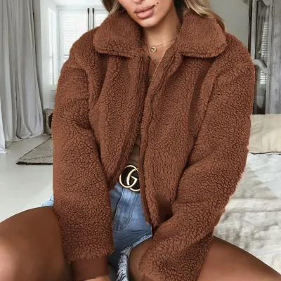 S-3XL Women Lapel Zipper Teddy Plush Winter Coat Street Style