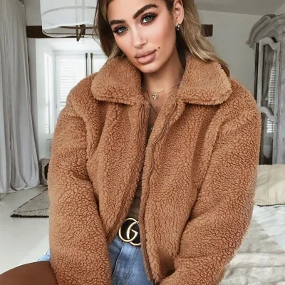 S-3XL Women Lapel Zipper Teddy Plush Winter Coat Street Style