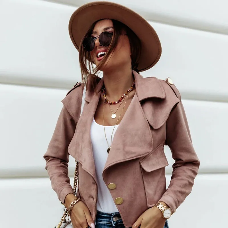 S-2XL Women Fashion Lapel Single-breasted Suede Jacket
