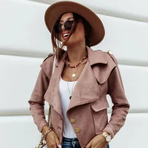 S-2XL Women Fashion Lapel Single-breasted Suede Jacket