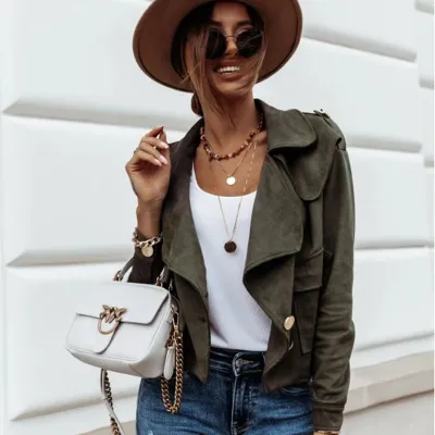 S-2XL Women Fashion Lapel Single-breasted Suede Jacket