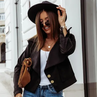 S-2XL Women Fashion Lapel Single-breasted Suede Jacket