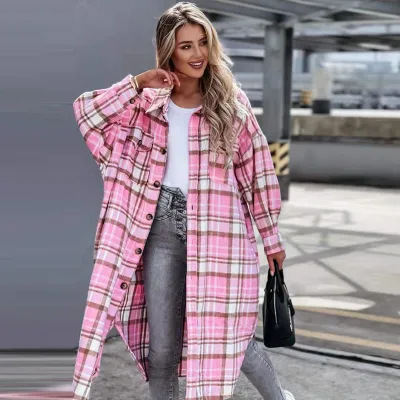 S-2XL Women Casual Elegant Plaid Lapel Long Sleeve Commuting Overcoat Shacket