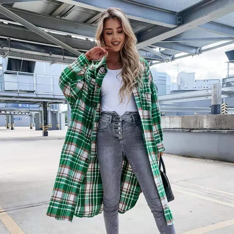 S-2XL Women Casual Elegant Plaid Lapel Long Sleeve Commuting Overcoat Shacket