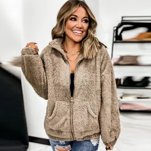 S-5XL Women Plus Size Plush Casual Basic Solid Color Pocket Zipper Lapel Loose Winter Fluffy Teddy Coat