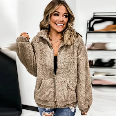 S-5XL Women Plus Size Plush Casual Basic Solid Color Pocket Zipper Lapel Loose Winter Fluffy Teddy Coat