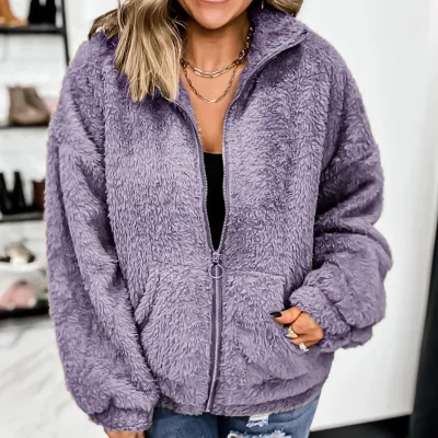 S-5XL Women Plus Size Plush Casual Basic Solid Color Pocket Zipper Lapel Loose Winter Fluffy Teddy Coat