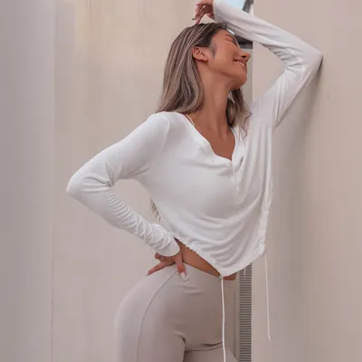 S-XL Women Solid Color V-Neck Long Sleeve Street Hipster Polyester Blouse