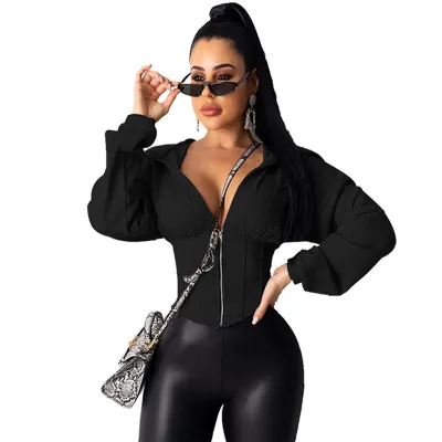 S-XL Women Sexy V-Neck Zipper Elastic Corset Waist Loose Hoodie Coat