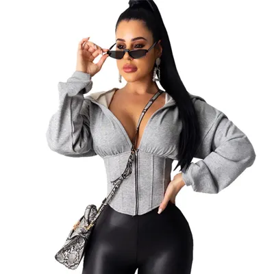 S-XL Women Sexy V-Neck Zipper Elastic Corset Waist Loose Hoodie Coat