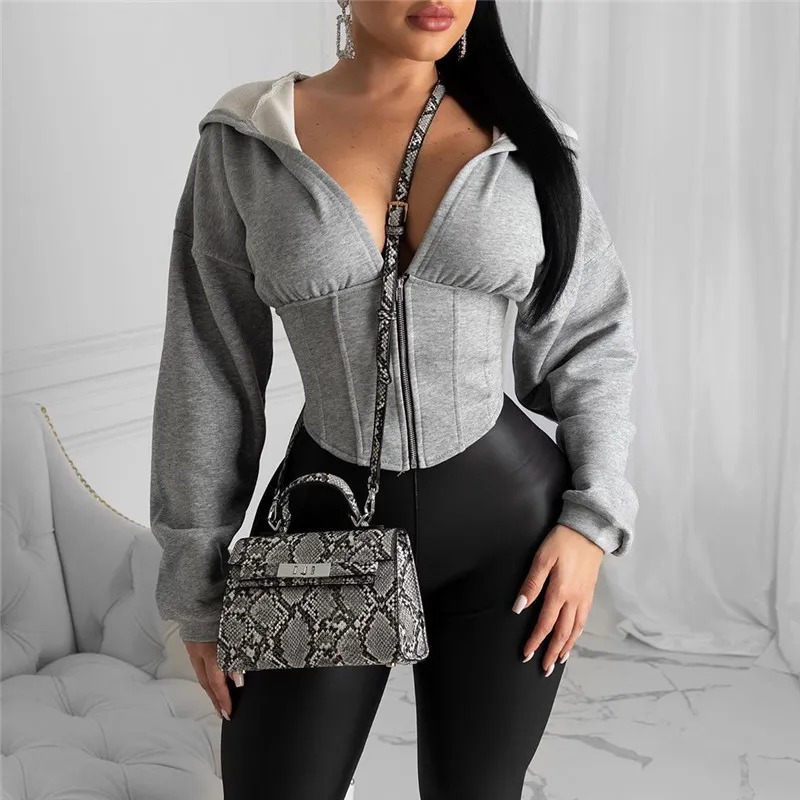 S-XL Women Sexy V-Neck Zipper Elastic Corset Waist Loose Hoodie Coat