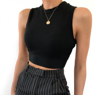 S-L Women Sleeveless Back Vent Lace-Up Bandage Crop Top