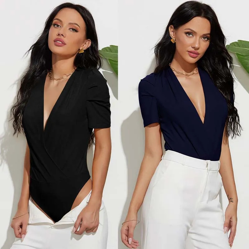 S-XL Women Sexy Basic Solid Color V-Neck Creased Short-sleeve Bodysuit Top