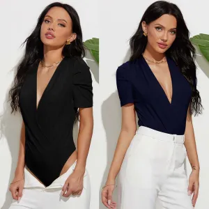 S-XL Women Sexy Basic Solid Color V-Neck Creased Short-sleeve Bodysuit Top