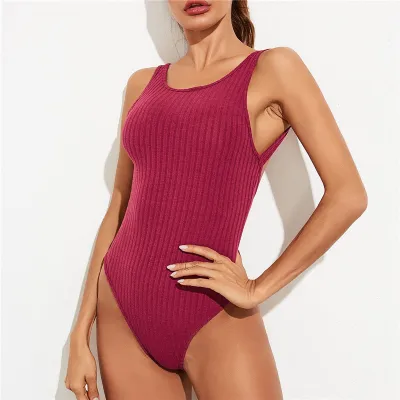 S-XL Women Sexy Backless Rib-knit Bodysuits Crew Neck