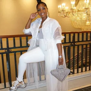 S-XL Women Fashion Stand Collar Mesh Ruffle Irregular Hem Jacket Coat