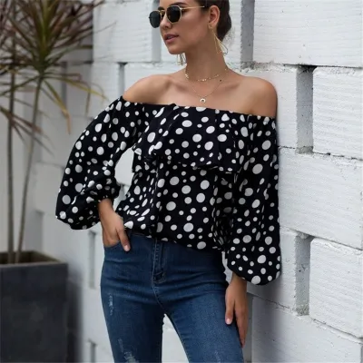 S-XL Women Polka Dot Printed Off-The-Shoulder Puff Sleeve Ruffle Blouse