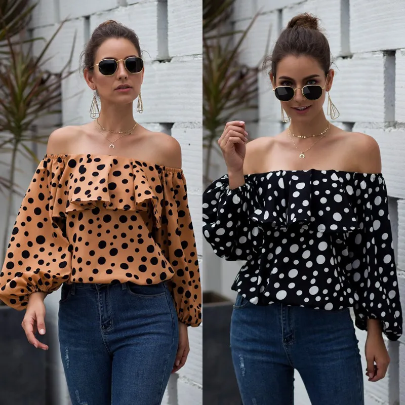 S-XL Women Polka Dot Printed Off-The-Shoulder Puff Sleeve Ruffle Blouse