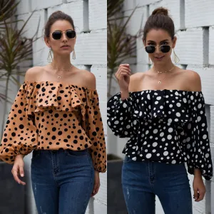 S-XL Women Polka Dot Printed Off-The-Shoulder Puff Sleeve Ruffle Blouse