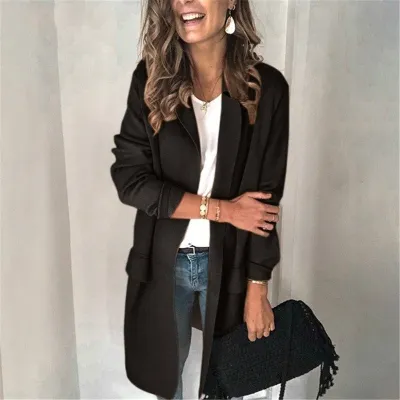 Women Casual Mid-Length Solid Color Blazer Slim Fit Polyester Urban Leisure