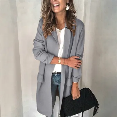 Women Casual Mid-Length Solid Color Blazer Slim Fit Polyester Urban Leisure