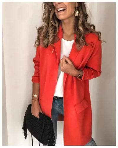Women Casual Mid-Length Solid Color Blazer Slim Fit Polyester Urban Leisure