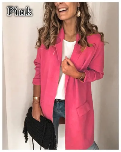 Women Casual Mid-Length Solid Color Blazer Slim Fit Polyester Urban Leisure