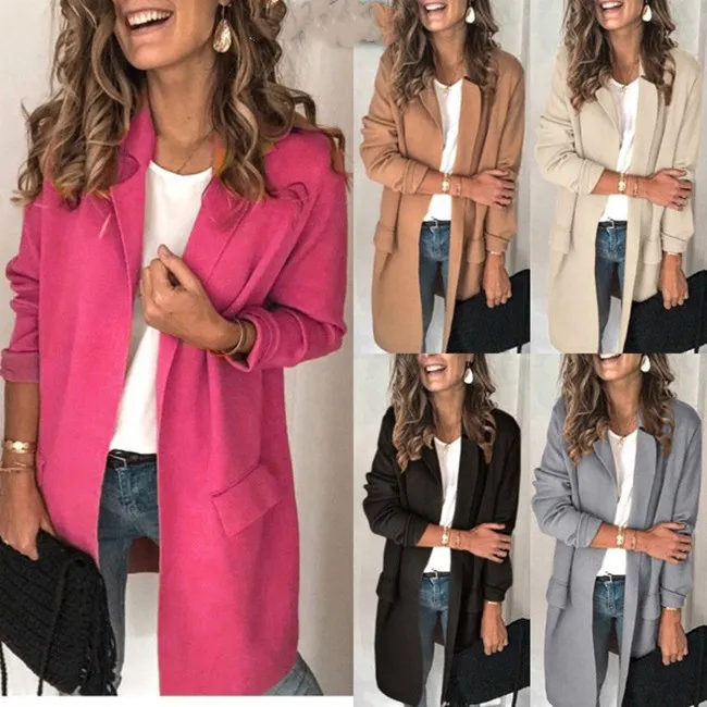 Women Casual Mid-Length Solid Color Blazer Slim Fit Polyester Urban Leisure