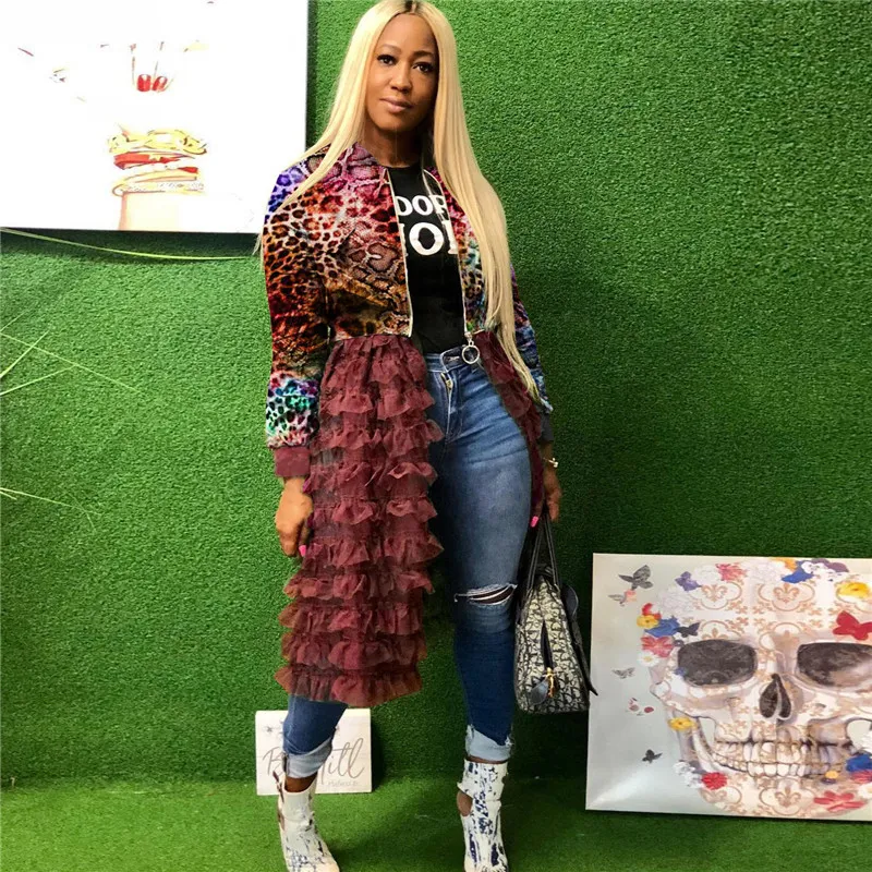 S-3XL Women Irregular Ruffled Mesh Hem Camouflage Street Jacket