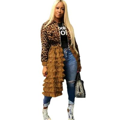 S-3XL Women Irregular Ruffled Mesh Hem Camouflage Street Jacket